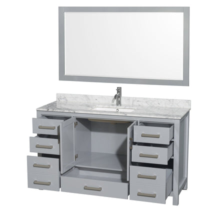 Wyndham Collection Sheffield 60" Single Bathroom Vanity in Gray, White Carrara Marble Countertop, Undermount Square Sink, and 58" Mirror