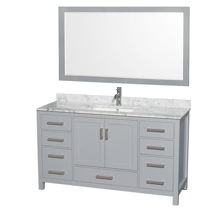Wyndham Collection Sheffield 60" Single Bathroom Vanity in Gray, White Carrara Marble Countertop, Undermount Square Sink, and 58" Mirror