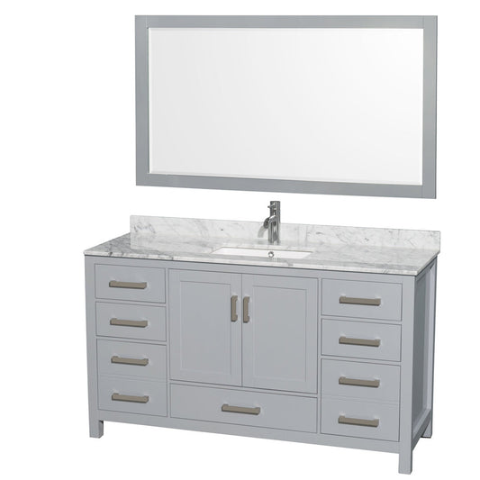 Wyndham Collection Sheffield 60" Single Bathroom Vanity in Gray, White Carrara Marble Countertop, Undermount Square Sink, and 58" Mirror