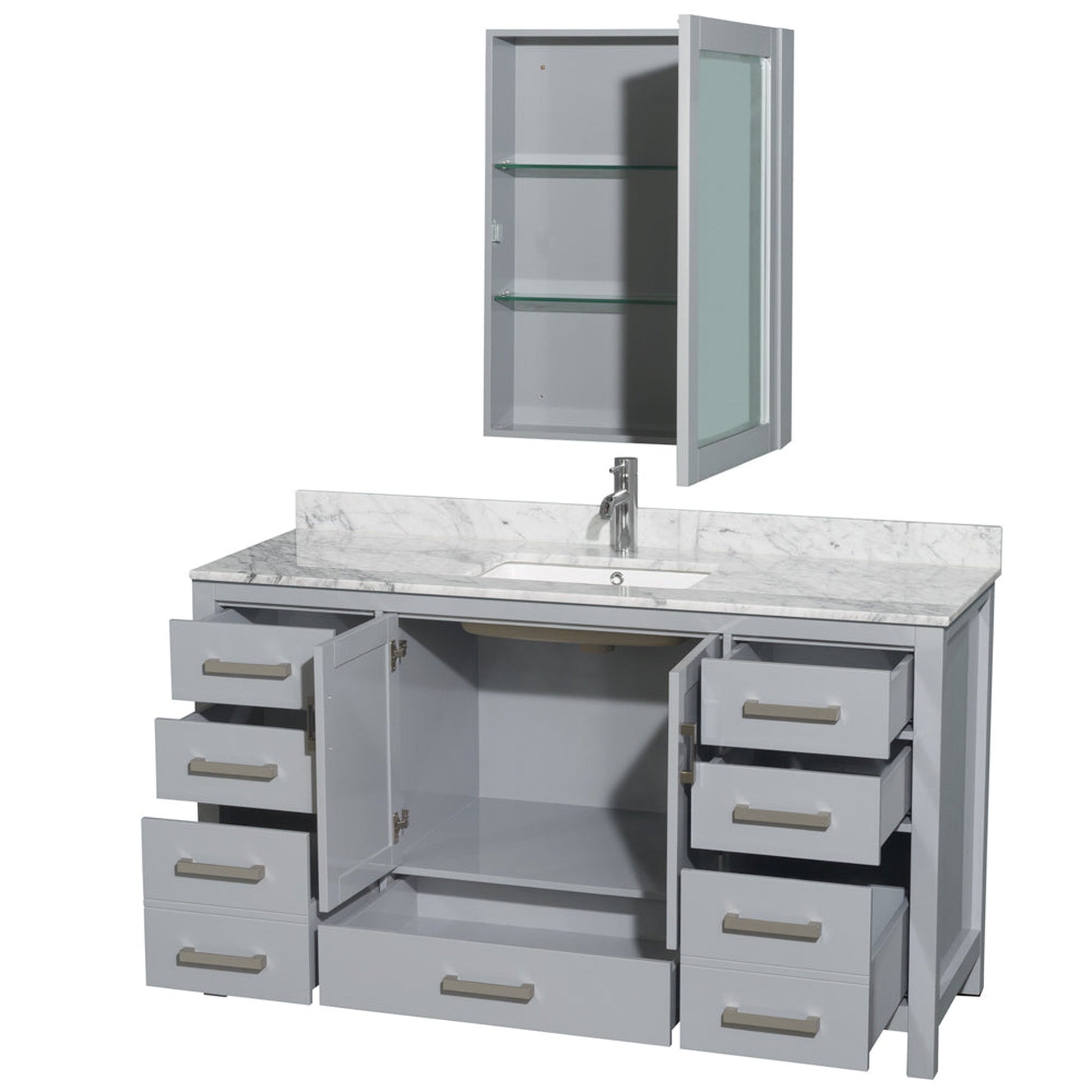 Wyndham Collection Sheffield 60" Single Bathroom Vanity in Gray, White Carrara Marble Countertop, Undermount Square Sink, and Medicine Cabinet