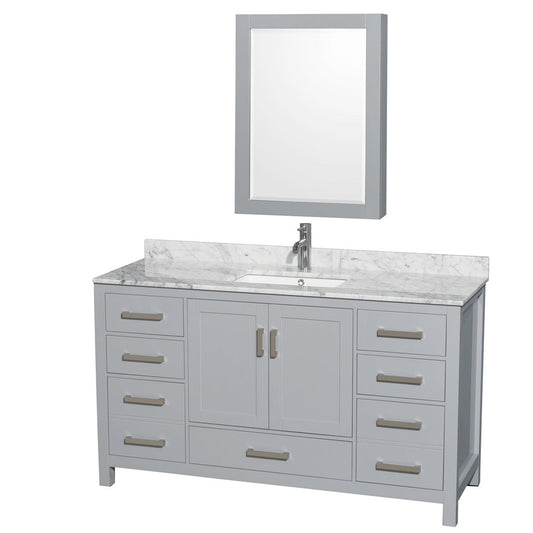 Wyndham Collection Sheffield 60" Single Bathroom Vanity in Gray, White Carrara Marble Countertop, Undermount Square Sink, and Medicine Cabinet