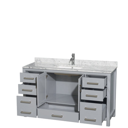 Wyndham Collection Sheffield 60" Single Bathroom Vanity in Gray, White Carrara Marble Countertop, Undermount Square Sink, and No Mirror