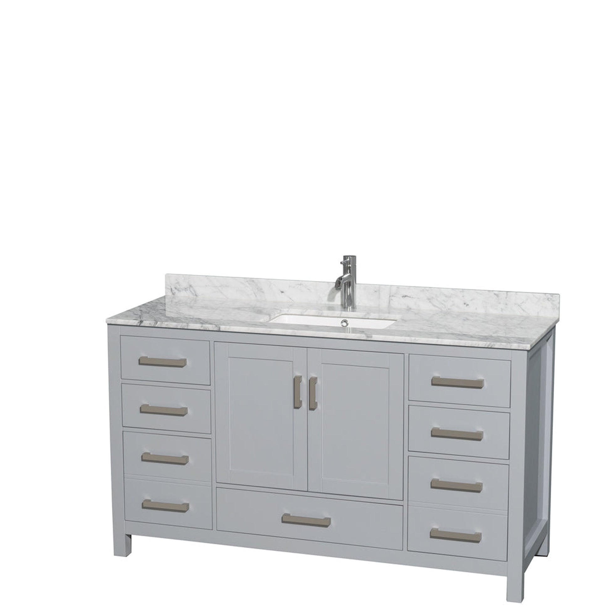 Wyndham Collection Sheffield 60" Single Bathroom Vanity in Gray, White Carrara Marble Countertop, Undermount Square Sink, and No Mirror
