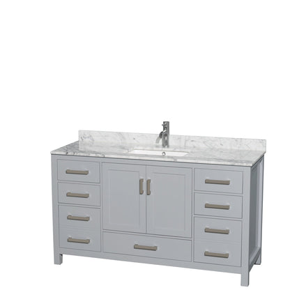 Wyndham Collection Sheffield 60" Single Bathroom Vanity in Gray, White Carrara Marble Countertop, Undermount Square Sink, and No Mirror