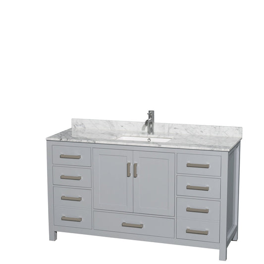 Wyndham Collection Sheffield 60" Single Bathroom Vanity in Gray, White Carrara Marble Countertop, Undermount Square Sink, and No Mirror