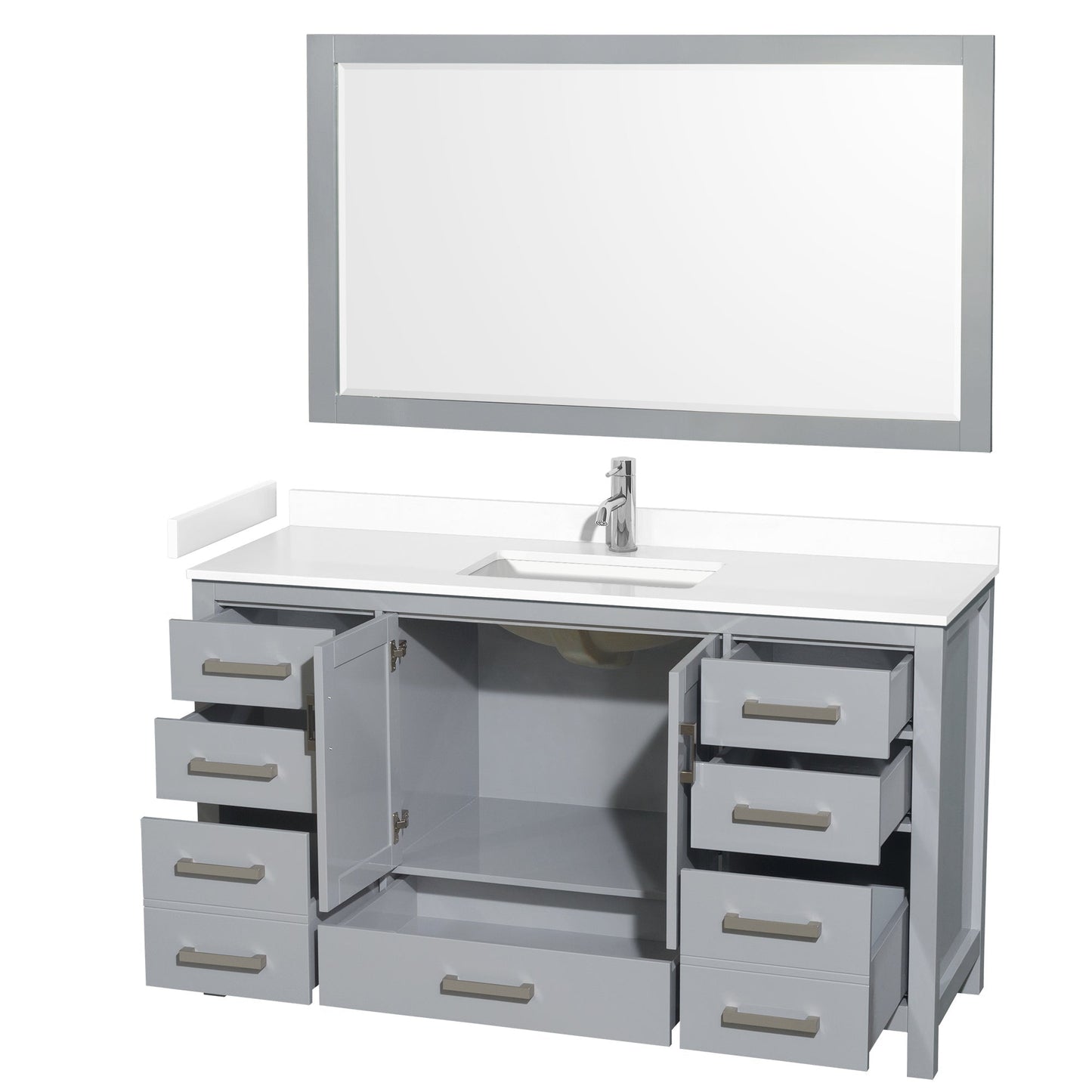 Wyndham Collection Sheffield 60" Single Bathroom Vanity in Gray, White Cultured Marble Countertop, Undermount Square Sink, 58" Mirror