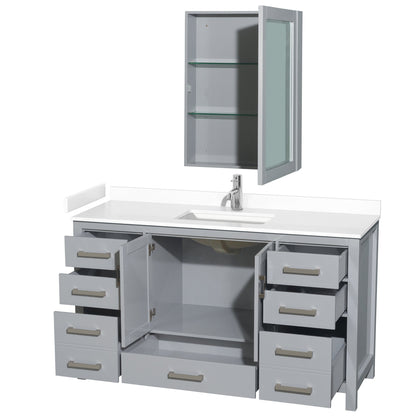 Wyndham Collection Sheffield 60" Single Bathroom Vanity in Gray, White Cultured Marble Countertop, Undermount Square Sink, Medicine Cabinet