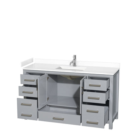 Wyndham Collection Sheffield 60" Single Bathroom Vanity in Gray, White Cultured Marble Countertop, Undermount Square Sink, No Mirror