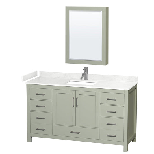 Wyndham Collection Sheffield 60" Single Bathroom Vanity in Light Green, Carrara Cultured Marble Countertop, Undermount Square Sink, Brushed Nickel Trim, Medicine Cabinet