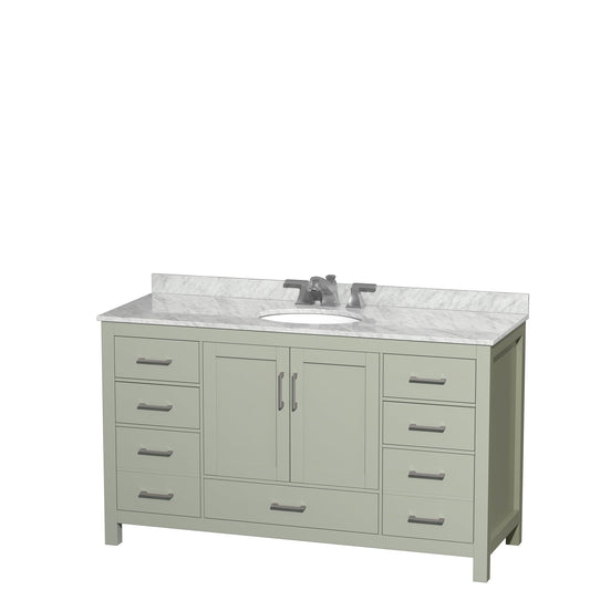 Wyndham Collection Sheffield 60" Single Bathroom Vanity in Light Green, White Carrara Marble Countertop, Undermount Oval Sink, Brushed Nickel Trim