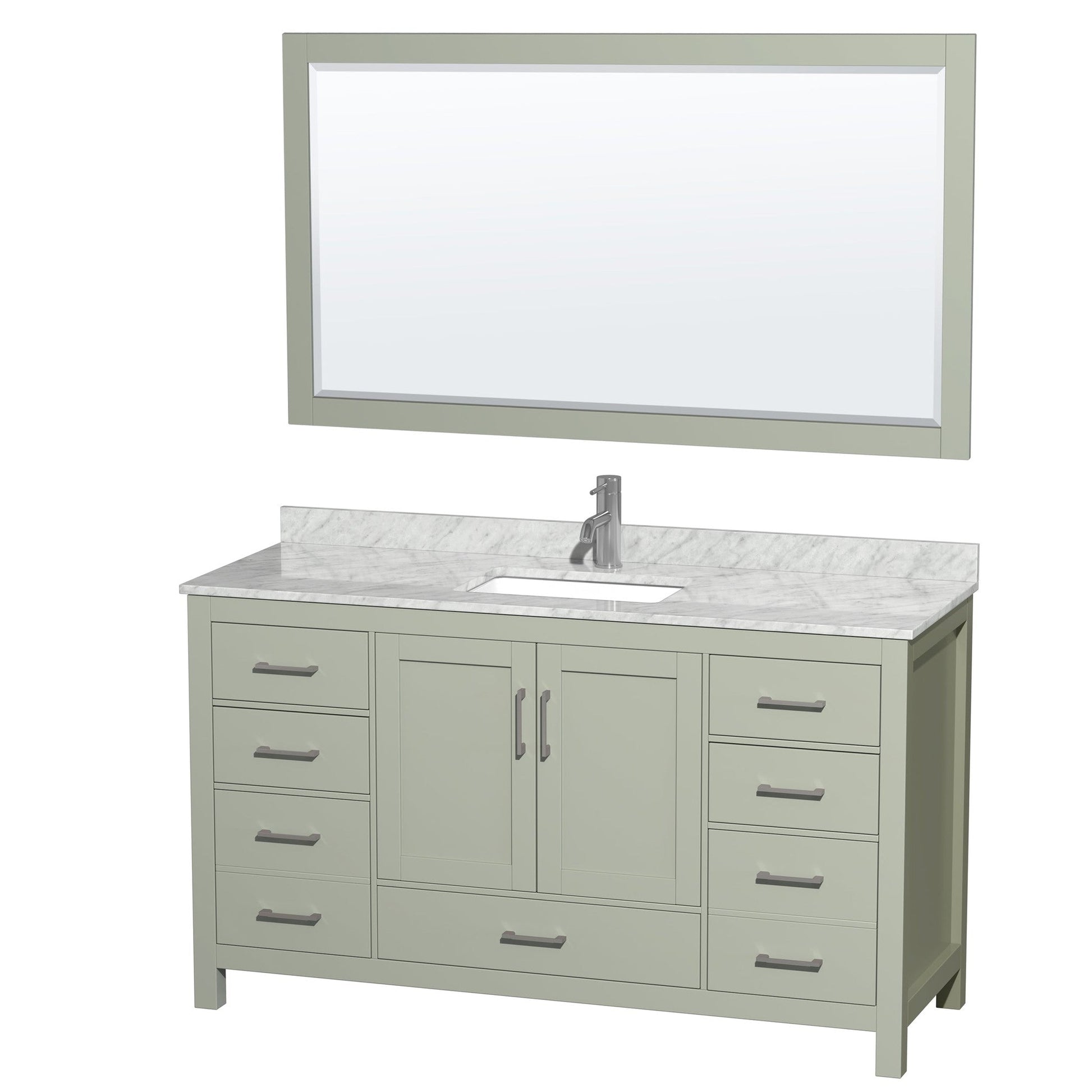 Wyndham Collection Sheffield 60" Single Bathroom Vanity in Light Green, White Carrara Marble Countertop, Undermount Square Sink, Brushed Nickel Trim, 58" Mirror