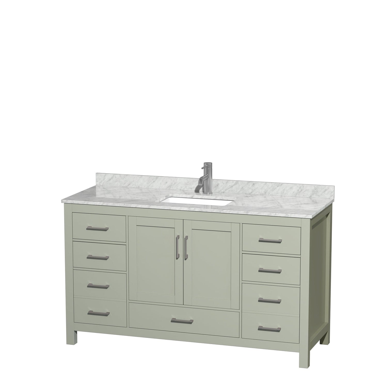 Wyndham Collection Sheffield 60" Single Bathroom Vanity in Light Green, White Carrara Marble Countertop, Undermount Square Sink, Brushed Nickel Trim
