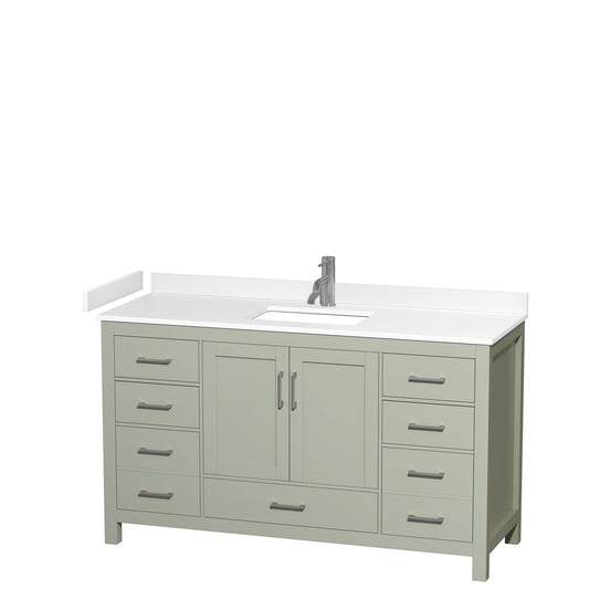 Wyndham Collection Sheffield 60" Single Bathroom Vanity in Light Green, White Cultured Marble Countertop, Undermount Square Sink, Brushed Nickel Trim