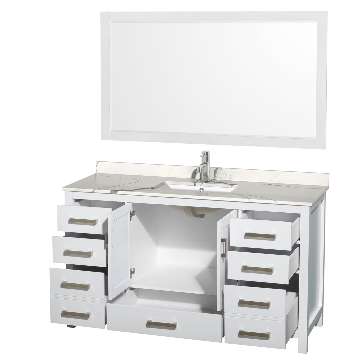 Wyndham Collection Sheffield 60" Single Bathroom Vanity in White, Calacatta Quartz Countertop, Undermount Square Sink, 58" Mirror