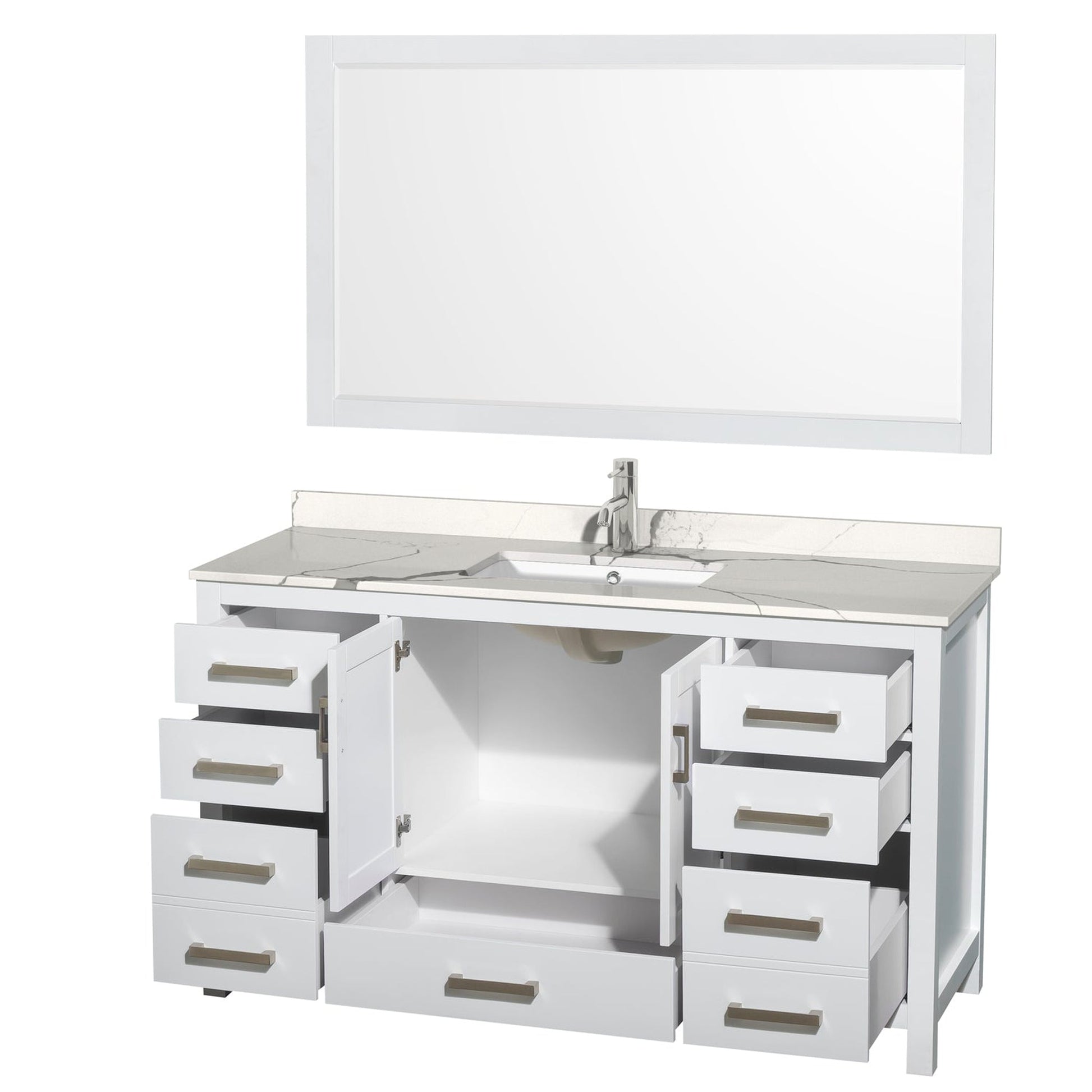 Wyndham Collection Sheffield 60" Single Bathroom Vanity in White, Calacatta Quartz Countertop, Undermount Square Sink, 58" Mirror