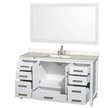 Wyndham Collection Sheffield 60" Single Bathroom Vanity in White, Calacatta Quartz Countertop, Undermount Square Sink, 58" Mirror