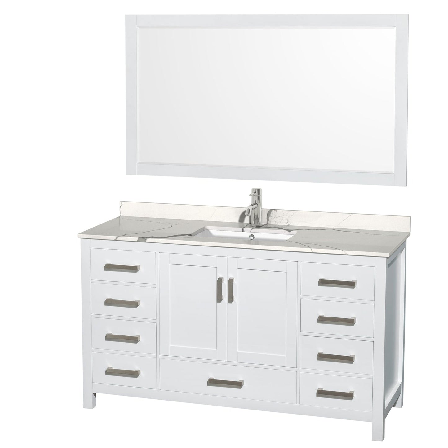 Wyndham Collection Sheffield 60" Single Bathroom Vanity in White, Calacatta Quartz Countertop, Undermount Square Sink, 58" Mirror