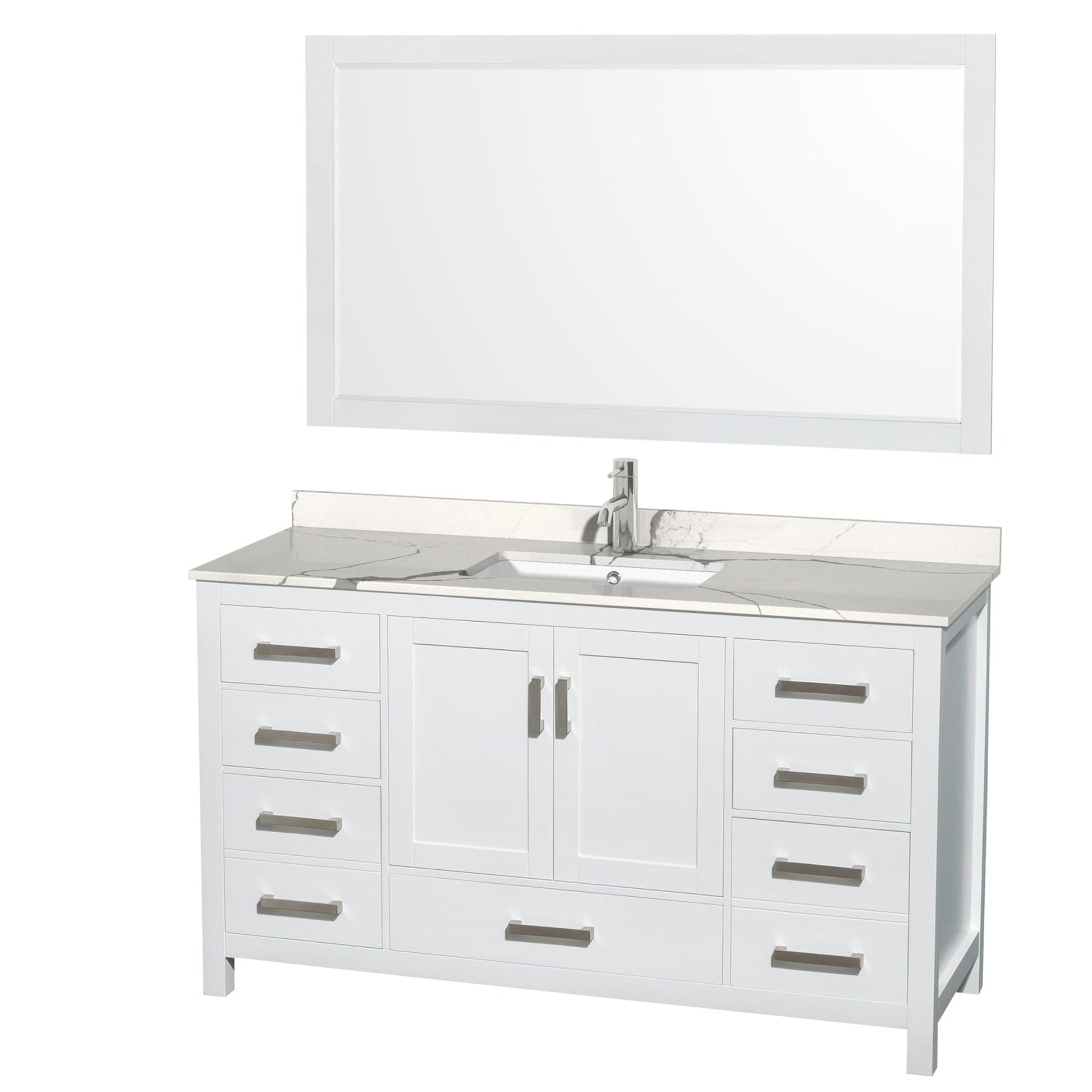 Wyndham Collection Sheffield 60" Single Bathroom Vanity in White, Calacatta Quartz Countertop, Undermount Square Sink, 58" Mirror