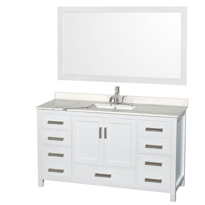Wyndham Collection Sheffield 60" Single Bathroom Vanity in White, Calacatta Quartz Countertop, Undermount Square Sink, 58" Mirror