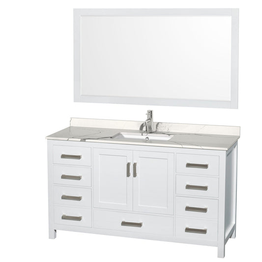 Wyndham Collection Sheffield 60" Single Bathroom Vanity in White, Calacatta Quartz Countertop, Undermount Square Sink, 58" Mirror