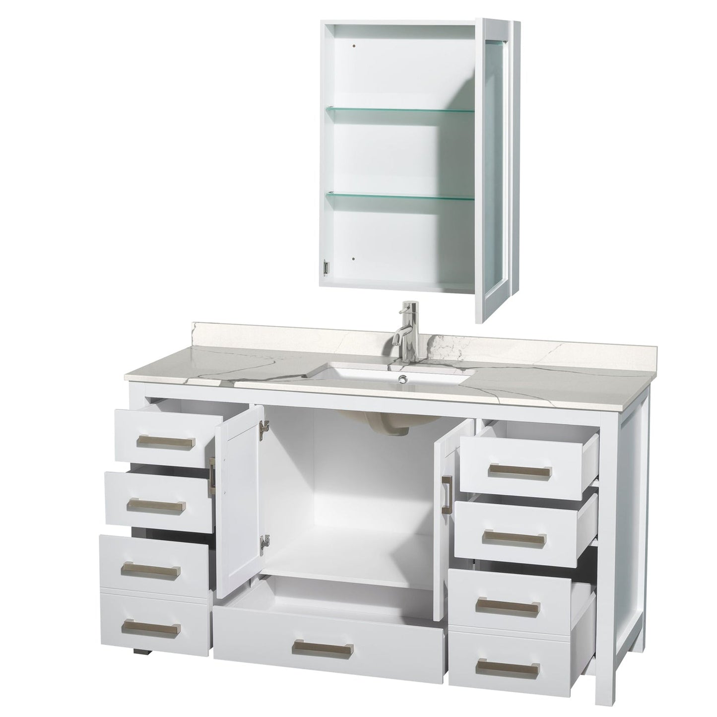 Wyndham Collection Sheffield 60" Single Bathroom Vanity in White, Calacatta Quartz Countertop, Undermount Square Sink, Medicine Cabinet