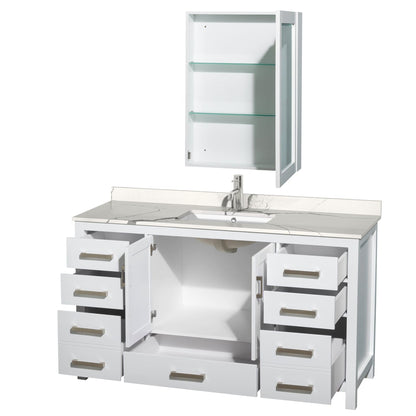 Wyndham Collection Sheffield 60" Single Bathroom Vanity in White, Calacatta Quartz Countertop, Undermount Square Sink, Medicine Cabinet