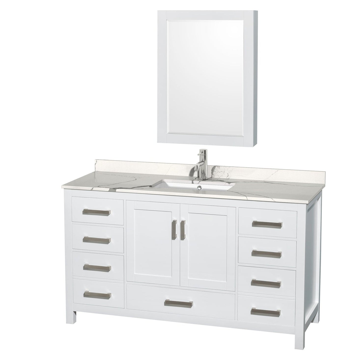 Wyndham Collection Sheffield 60" Single Bathroom Vanity in White, Calacatta Quartz Countertop, Undermount Square Sink, Medicine Cabinet