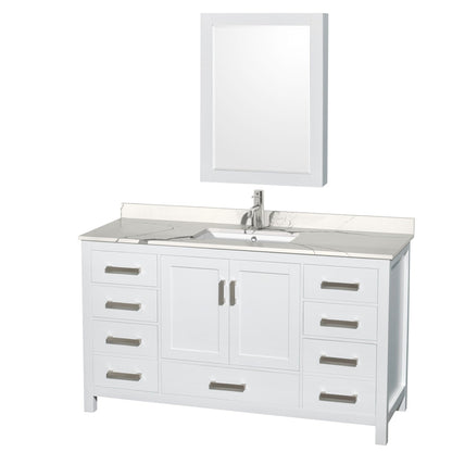 Wyndham Collection Sheffield 60" Single Bathroom Vanity in White, Calacatta Quartz Countertop, Undermount Square Sink, Medicine Cabinet