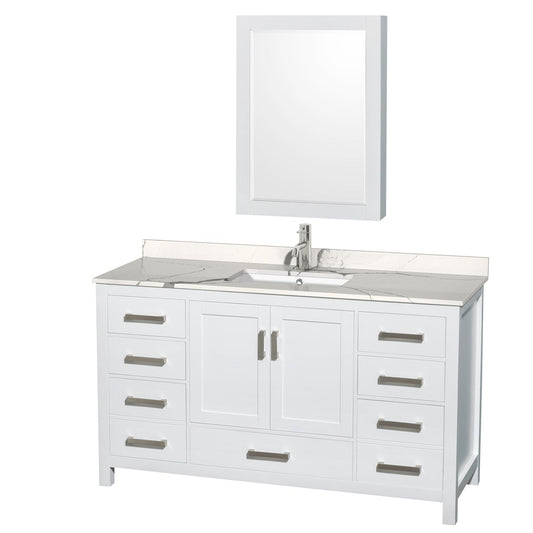 Wyndham Collection Sheffield 60" Single Bathroom Vanity in White, Calacatta Quartz Countertop, Undermount Square Sink, Medicine Cabinet
