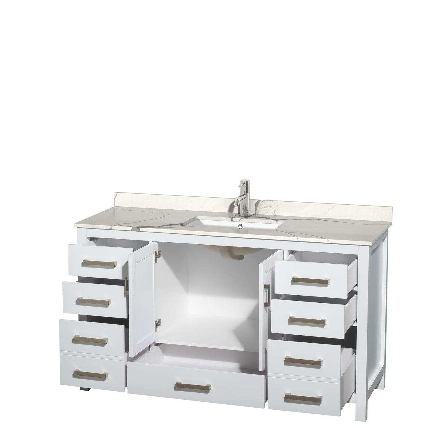 Wyndham Collection Sheffield 60" Single Bathroom Vanity in White, Calacatta Quartz Countertop, Undermount Square Sink, No Mirror