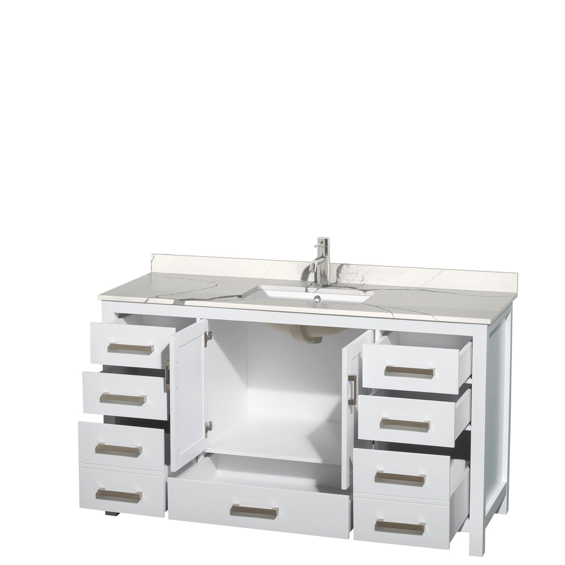 Wyndham Collection Sheffield 60" Single Bathroom Vanity in White, Calacatta Quartz Countertop, Undermount Square Sink, No Mirror