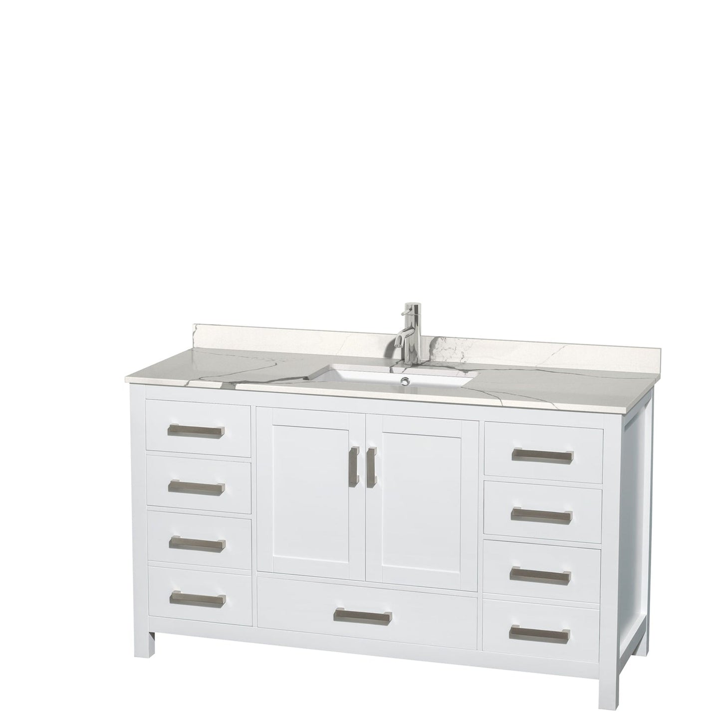 Wyndham Collection Sheffield 60" Single Bathroom Vanity in White, Calacatta Quartz Countertop, Undermount Square Sink, No Mirror