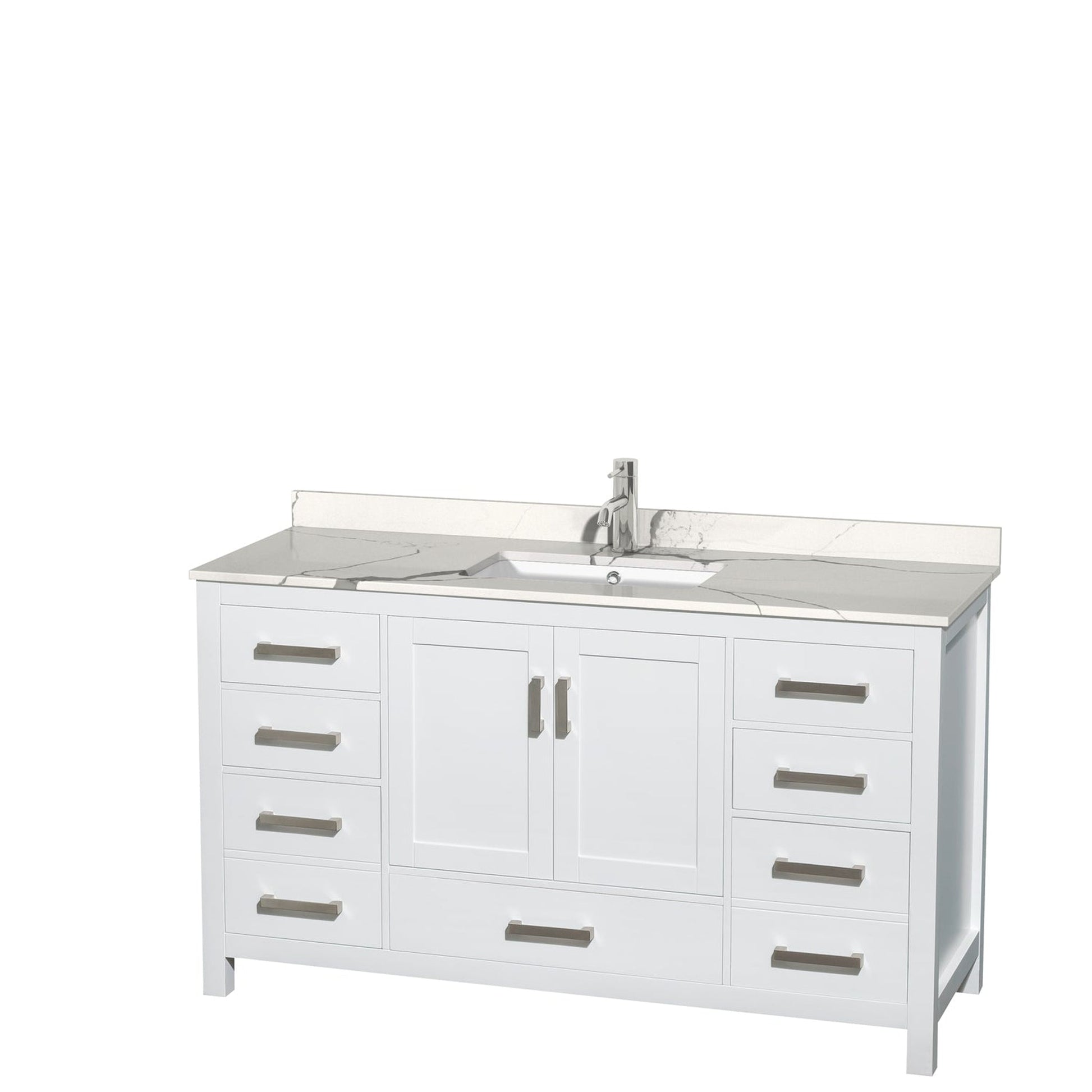 Wyndham Collection Sheffield 60" Single Bathroom Vanity in White, Calacatta Quartz Countertop, Undermount Square Sink, No Mirror