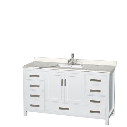 Wyndham Collection Sheffield 60" Single Bathroom Vanity in White, Calacatta Quartz Countertop, Undermount Square Sink, No Mirror