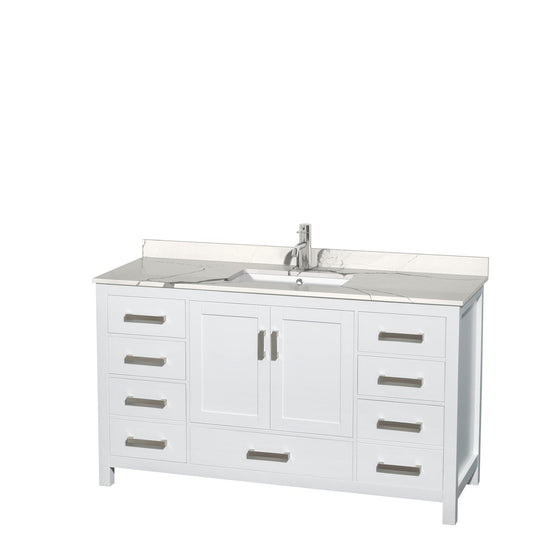 Wyndham Collection Sheffield 60" Single Bathroom Vanity in White, Calacatta Quartz Countertop, Undermount Square Sink, No Mirror