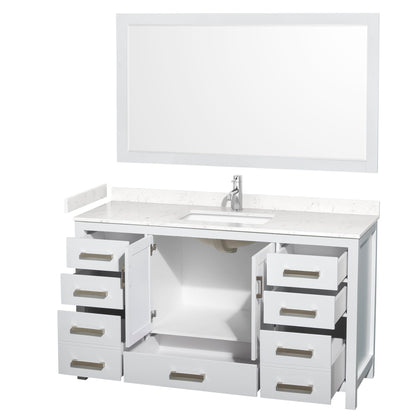 Wyndham Collection Sheffield 60" Single Bathroom Vanity in White, Carrara Cultured Marble Countertop, Undermount Square Sink, 58" Mirror