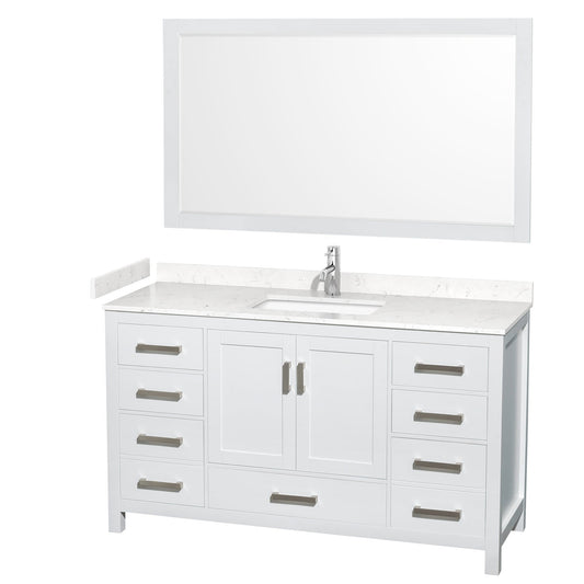 Wyndham Collection Sheffield 60" Single Bathroom Vanity in White, Carrara Cultured Marble Countertop, Undermount Square Sink, 58" Mirror