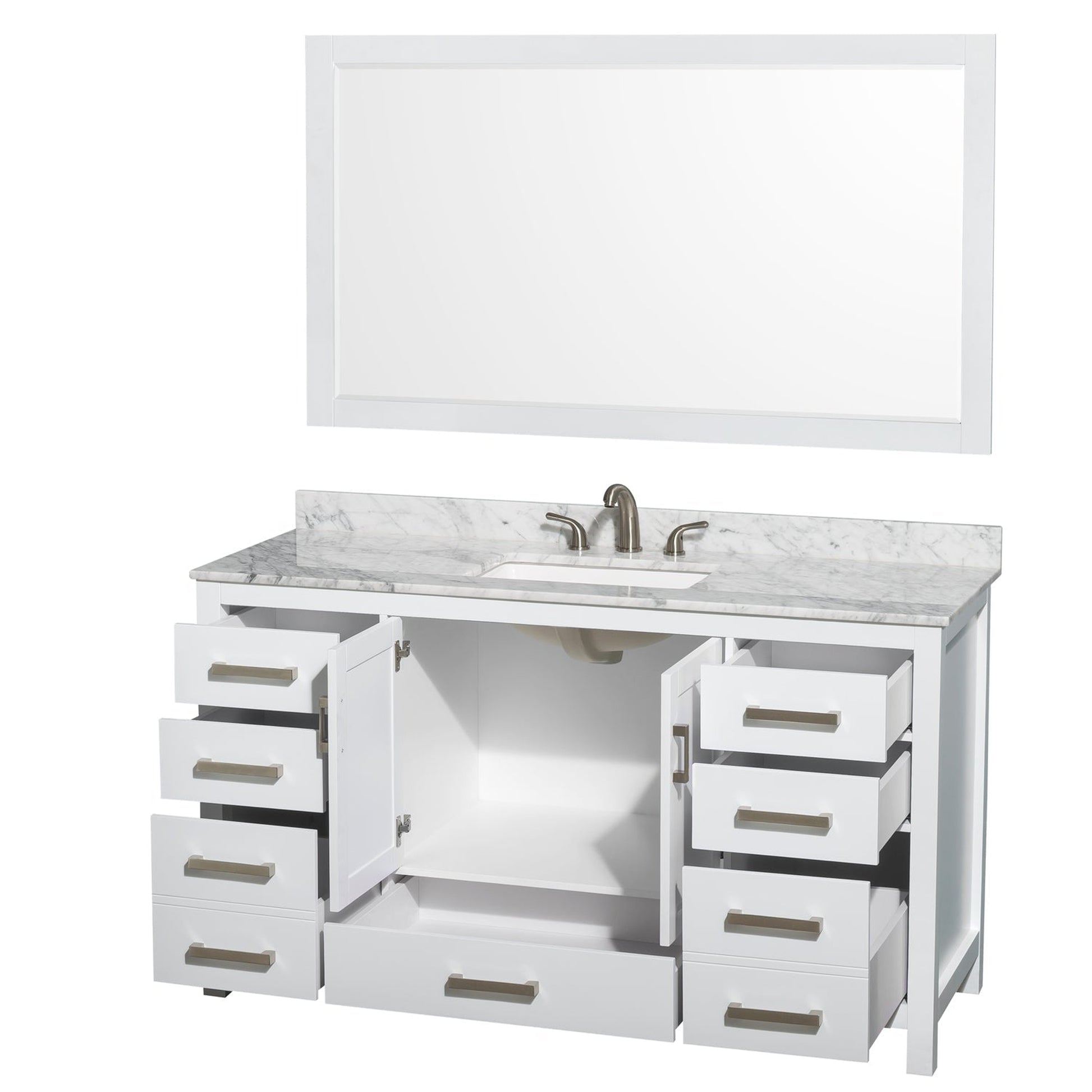 Wyndham Collection Sheffield 60" Single Bathroom Vanity in White, White Carrara Marble Countertop, Undermount 3-Hole Square Sink, 58" Mirror