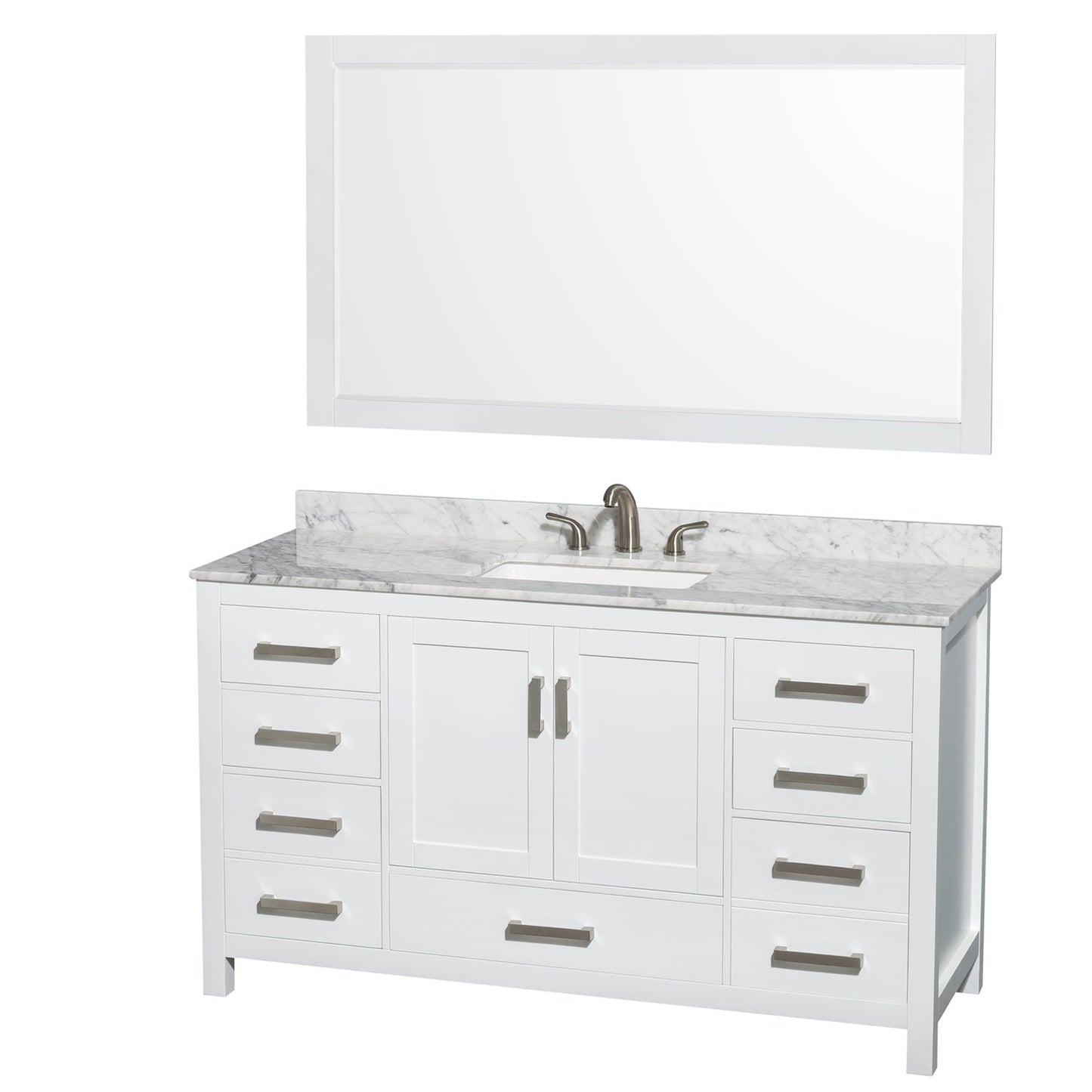 Wyndham Collection Sheffield 60" Single Bathroom Vanity in White, White Carrara Marble Countertop, Undermount 3-Hole Square Sink, 58" Mirror
