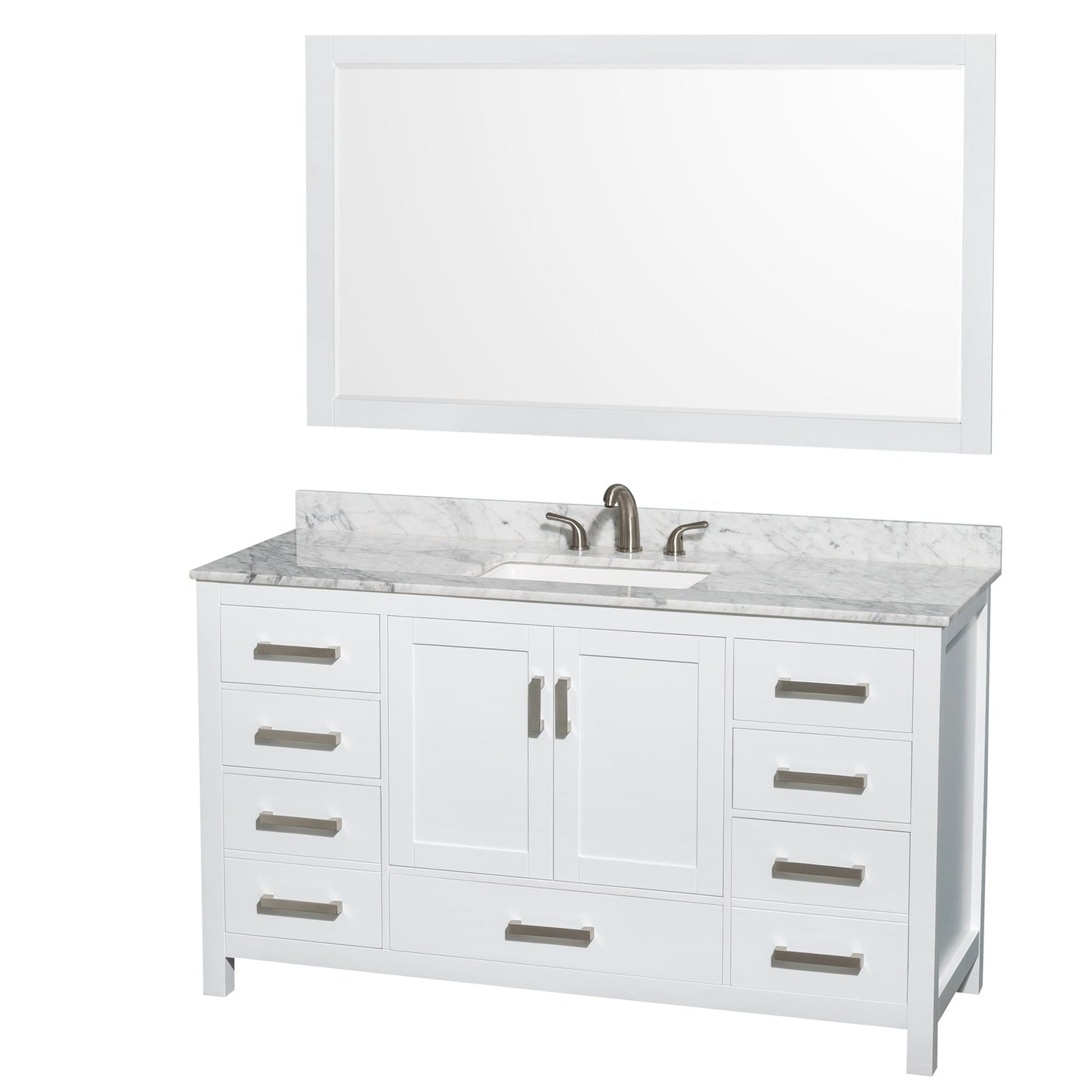 Wyndham Collection Sheffield 60" Single Bathroom Vanity in White, White Carrara Marble Countertop, Undermount 3-Hole Square Sink, 58" Mirror