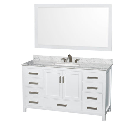 Wyndham Collection Sheffield 60" Single Bathroom Vanity in White, White Carrara Marble Countertop, Undermount 3-Hole Square Sink, 58" Mirror