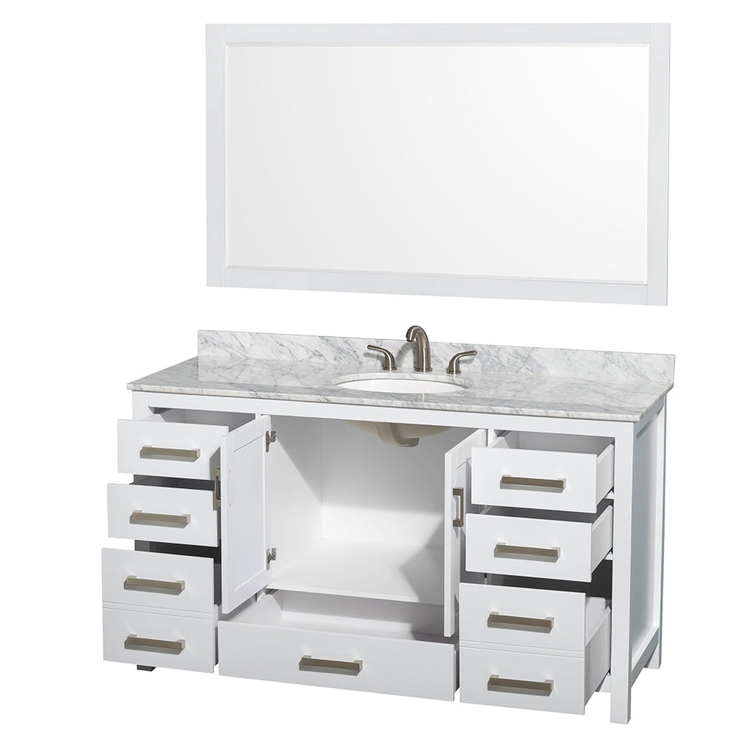 Wyndham Collection Sheffield 60" Single Bathroom Vanity in White, White Carrara Marble Countertop, Undermount Oval Sink, and 58" Mirror