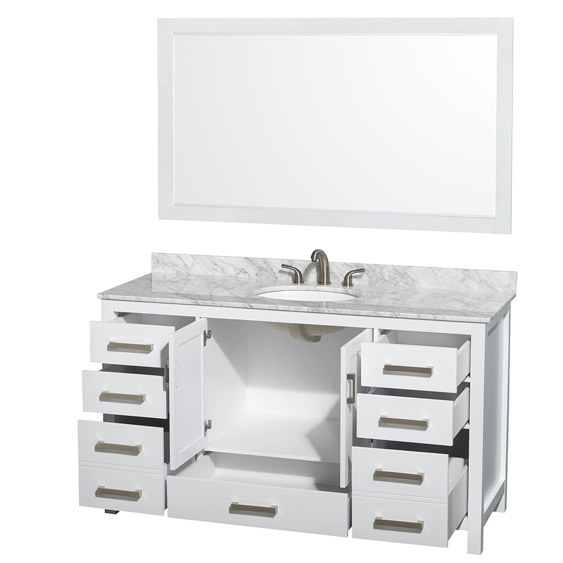 Wyndham Collection Sheffield 60" Single Bathroom Vanity in White, White Carrara Marble Countertop, Undermount Oval Sink, and 58" Mirror