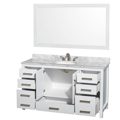 Wyndham Collection Sheffield 60" Single Bathroom Vanity in White, White Carrara Marble Countertop, Undermount Oval Sink, and 58" Mirror