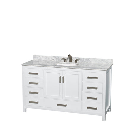 Wyndham Collection Sheffield 60" Single Bathroom Vanity in White, White Carrara Marble Countertop, Undermount Oval Sink, and 58" Mirror
