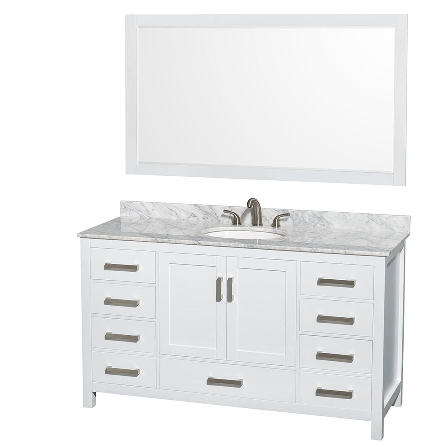 Wyndham Collection Sheffield 60" Single Bathroom Vanity in White, White Carrara Marble Countertop, Undermount Oval Sink, and 58" Mirror