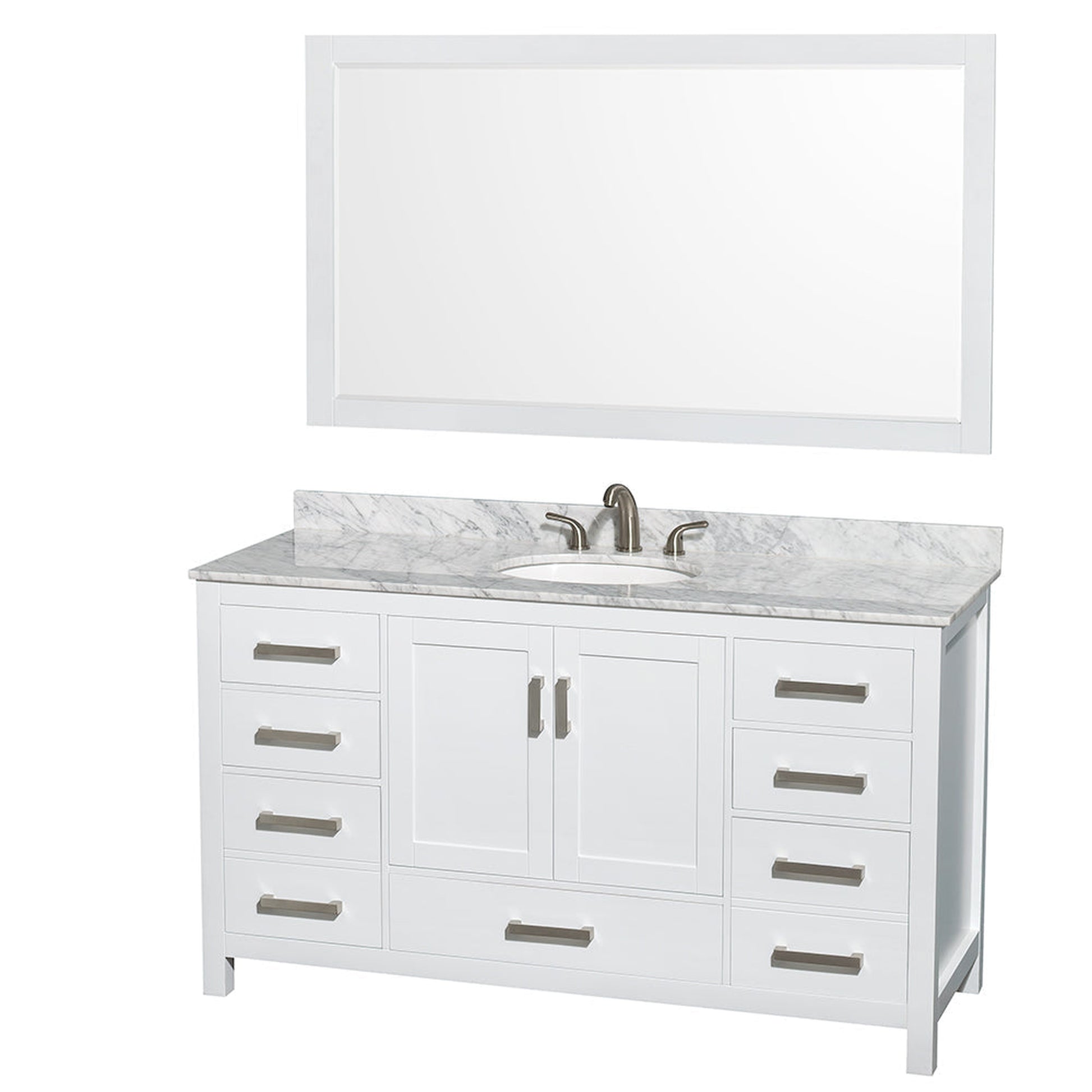 Wyndham Collection Sheffield 60" Single Bathroom Vanity in White, White Carrara Marble Countertop, Undermount Oval Sink, and 58" Mirror