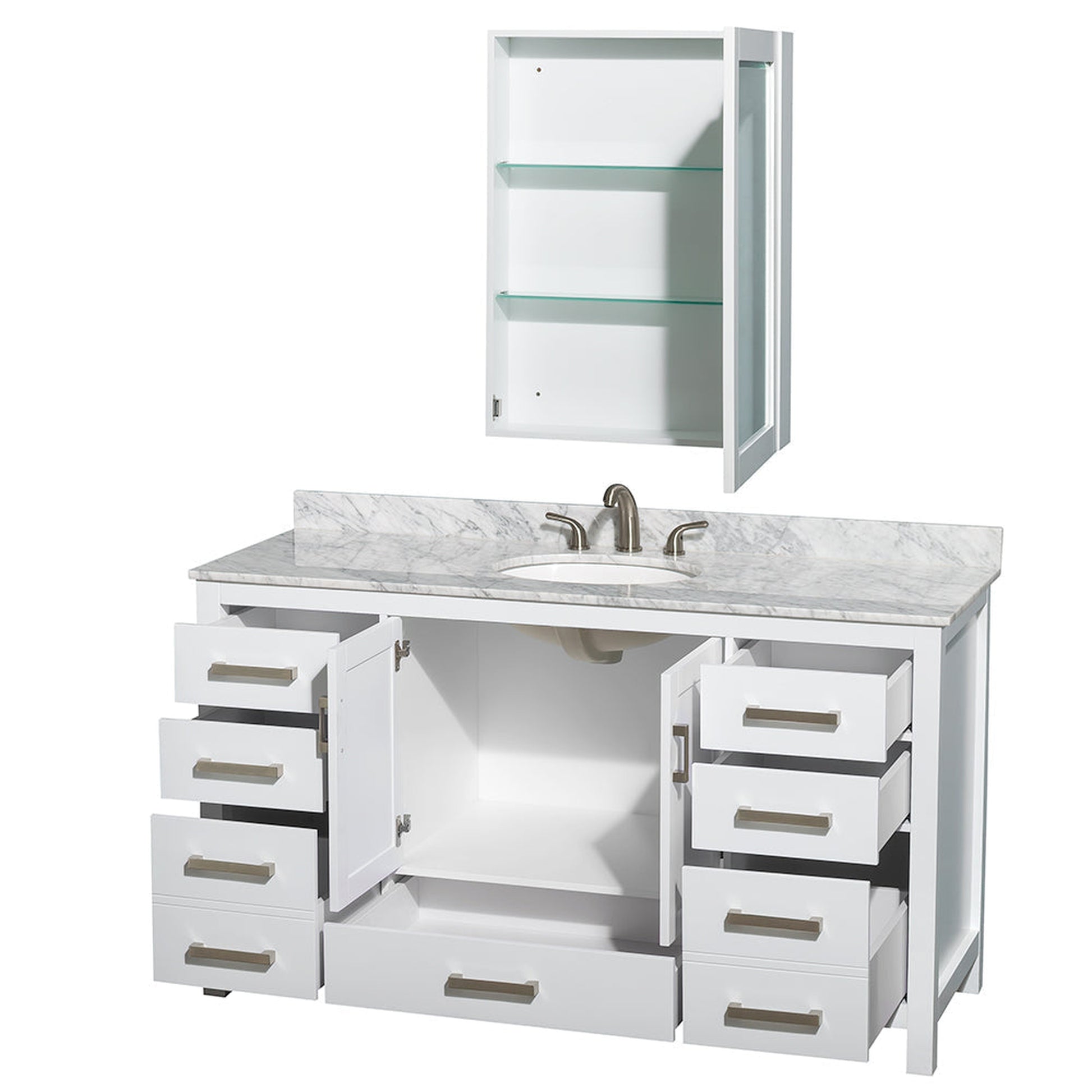 Wyndham Collection Sheffield 60" Single Bathroom Vanity in White, White Carrara Marble Countertop, Undermount Oval Sink, and Medicine Cabinet