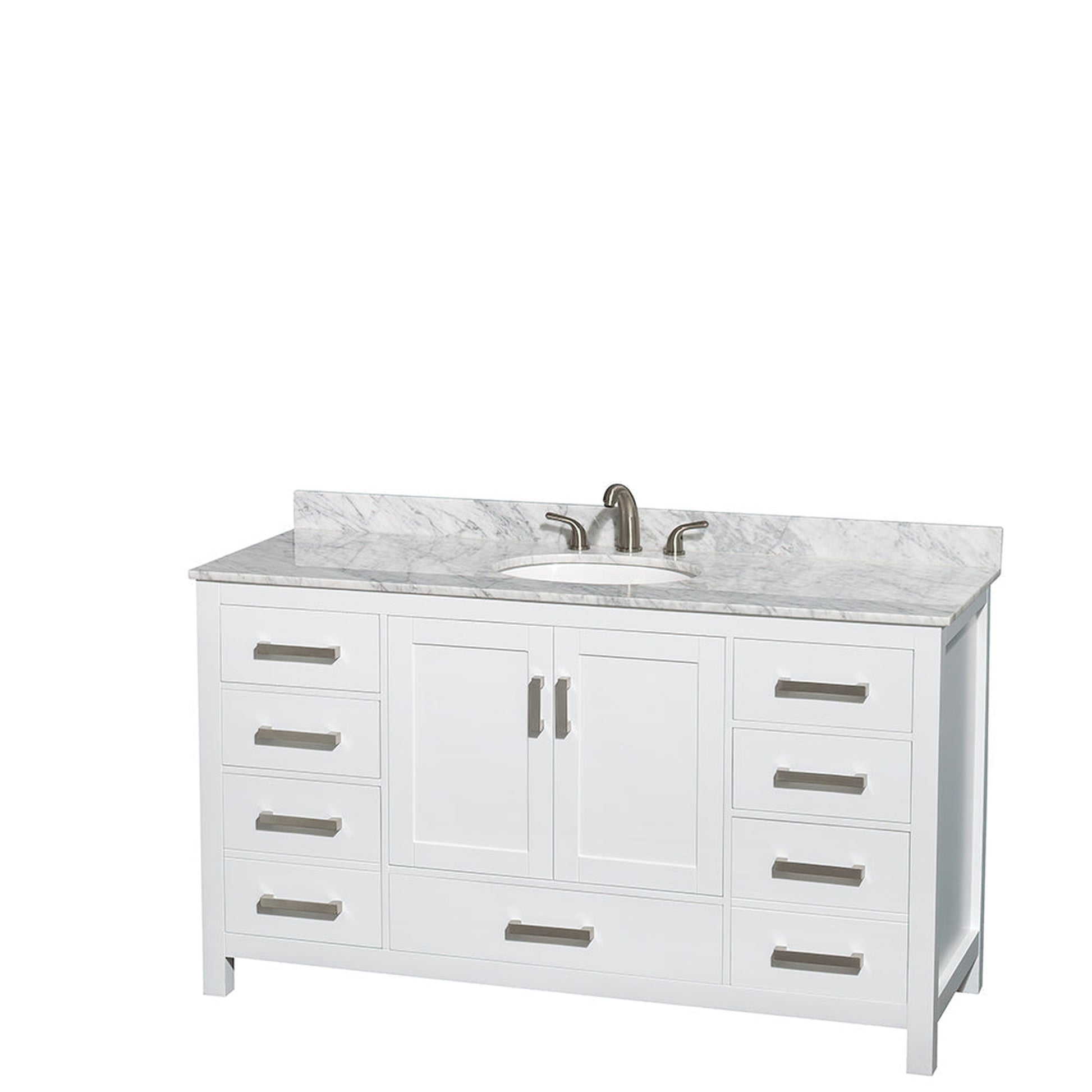 Wyndham Collection Sheffield 60" Single Bathroom Vanity in White, White Carrara Marble Countertop, Undermount Oval Sink, and Medicine Cabinet