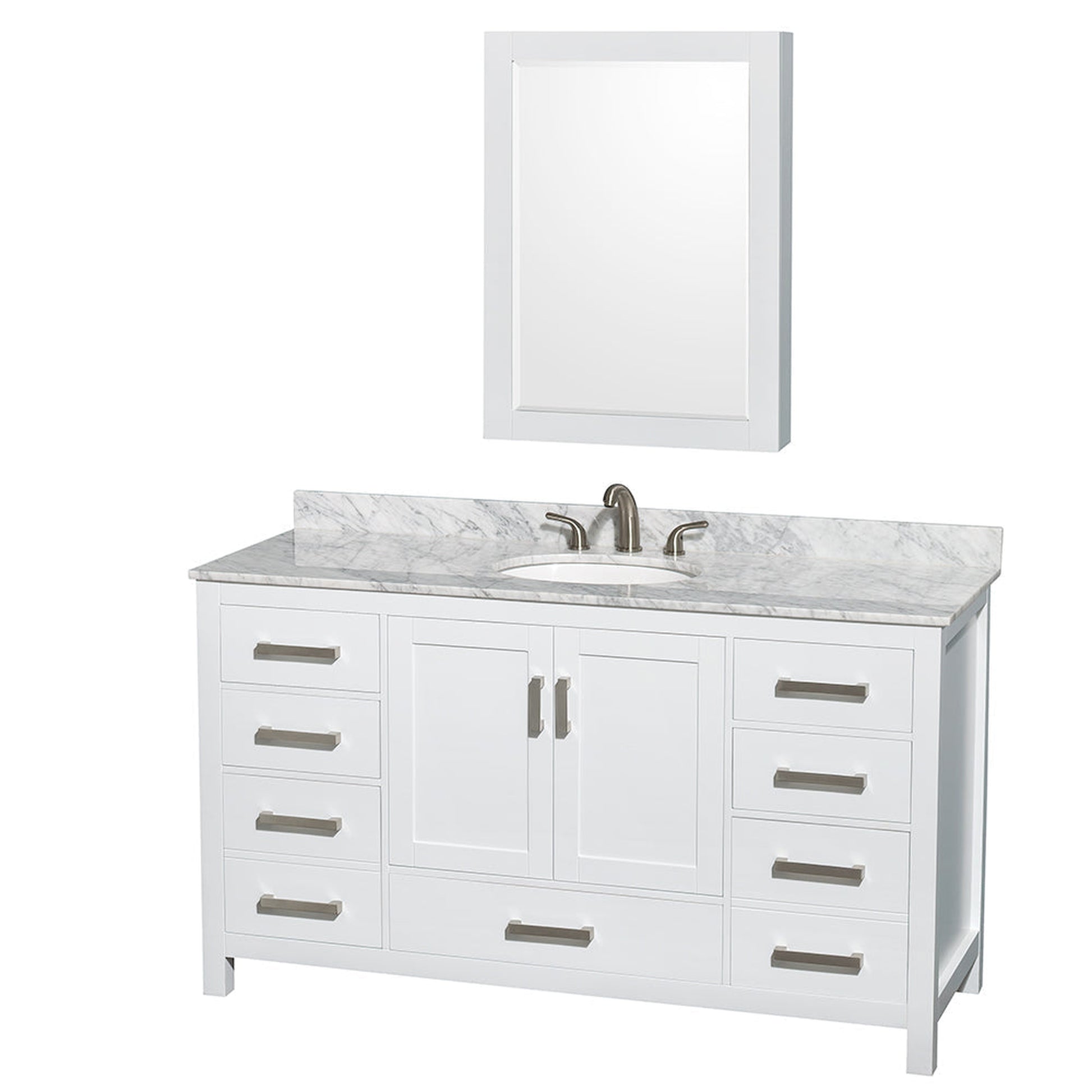 Wyndham Collection Sheffield 60" Single Bathroom Vanity in White, White Carrara Marble Countertop, Undermount Oval Sink, and Medicine Cabinet